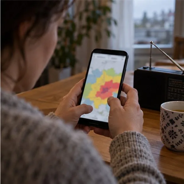 Obyvatelka doma kontroluje barevnou meteorologickou mapu na telefonu, vedle leží rádio