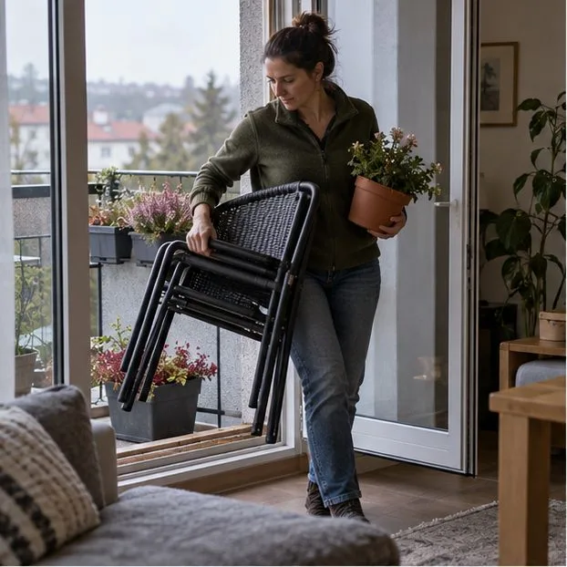 Žena přenáší balkonovou židli a květináč dovnitř bytu před očekávaným silným větrem