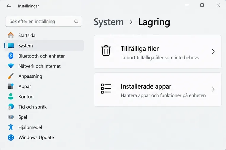 Inställningar för System och Lagring med kategorierna Tillfälliga filer och Installerade appar.