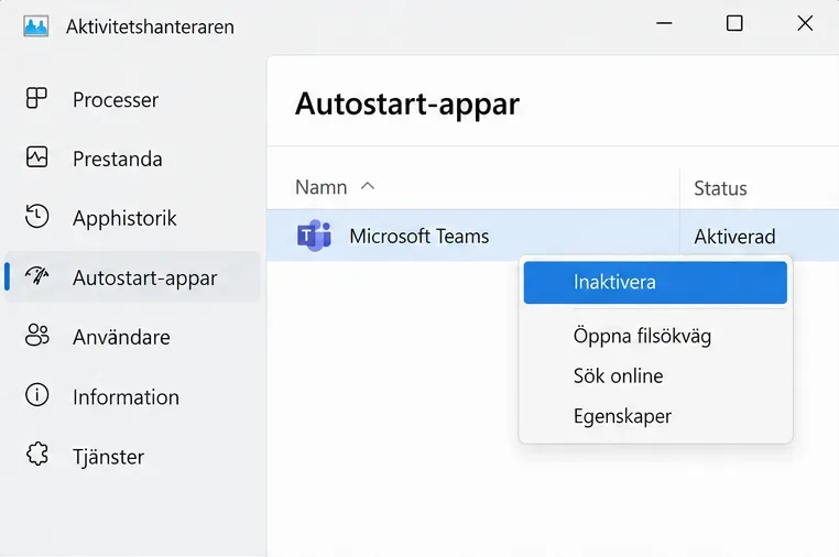 Autostart-appar i Aktivitetshanteraren med Microsoft Teams markerat och kommandot Inaktivera i menyn.
