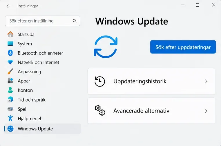 Windows Update med knappen Sök efter uppdateringar samt raderna Uppdateringshistorik och Avancerade alternativ.