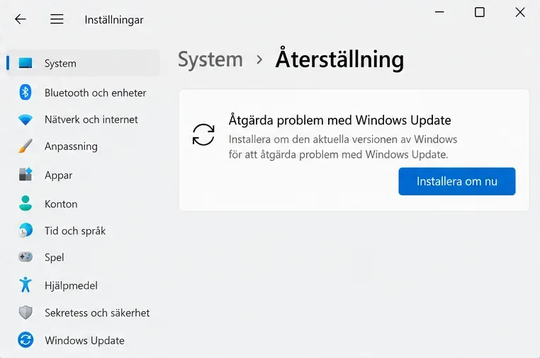 System och Återställning med alternativet Åtgärda problem med Windows Update och knappen Installera om nu.