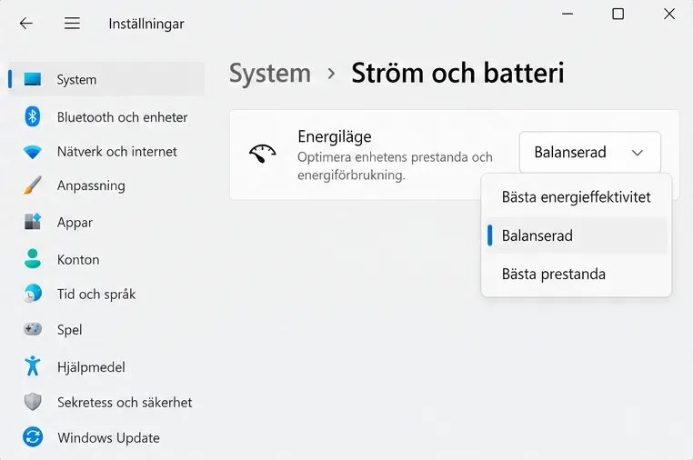 Ström och batteri med energilägesmenyn öppen och Balanserad markerat mellan Bästa energieffektivitet och Bästa prestanda.