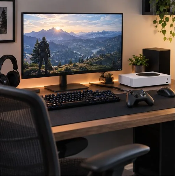 Počítačový monitor, klávesnice, ovladač a dvě konzole na pracovním stole.