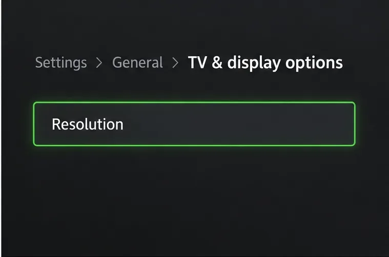 TV & display options -näkymässä Resolution-asetus on korostettuna.