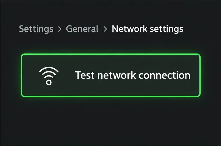 Verkkoasetusten näkymässä Test network connection -toiminto on valittuna.