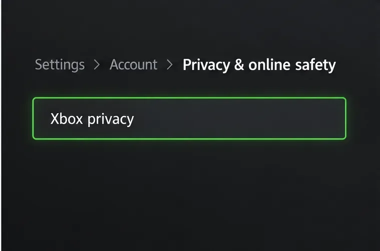 Tietosuoja-asetusten näkymässä Xbox privacy -kohta on korostettuna.