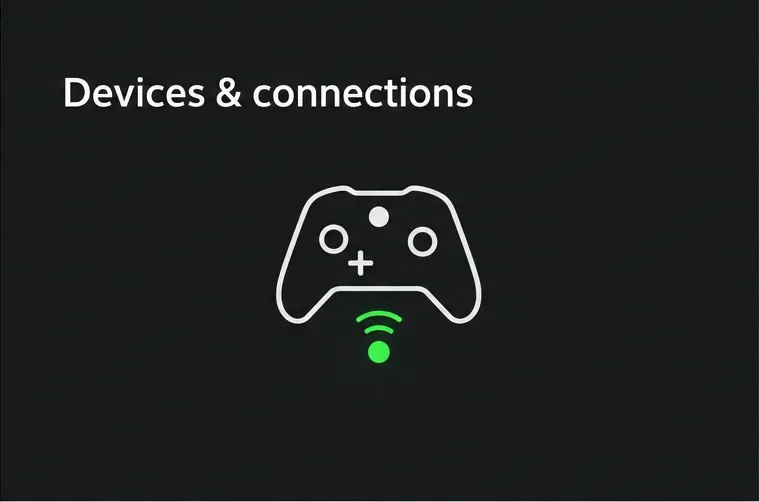 Devices & connections -näkymä esittää ohjaimen ja langattoman yhteyden merkin.