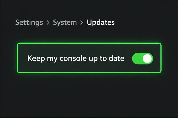 Päivitysnäkymässä Keep my console up to date -asetus on päällä.