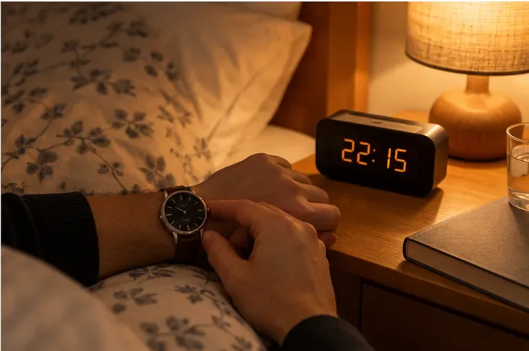 Na nočním stolku svítí digitální budík s časem 22:15 a vedle leží ruka s náramkovými hodinkami.
