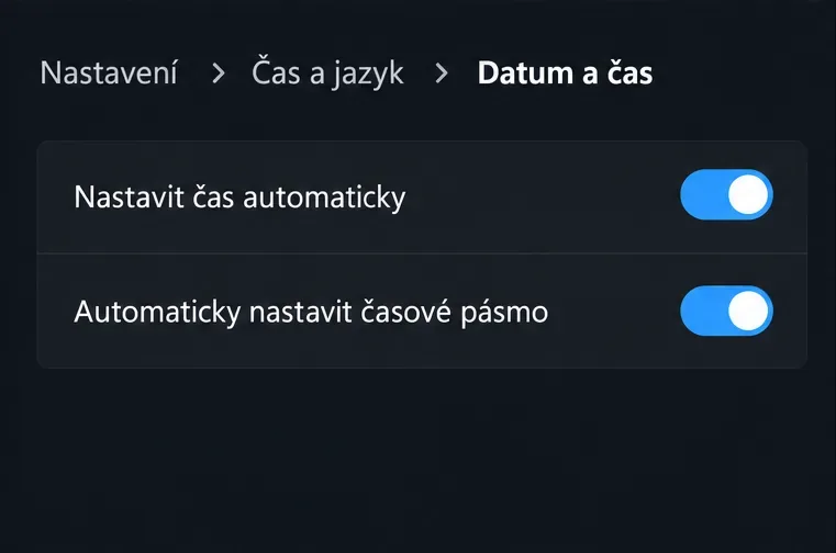Tmavá obrazovka Windows v nabídce Nastavení, Čas a jazyk, Datum a čas se zapnutým automatickým časem a časovým pásmem.