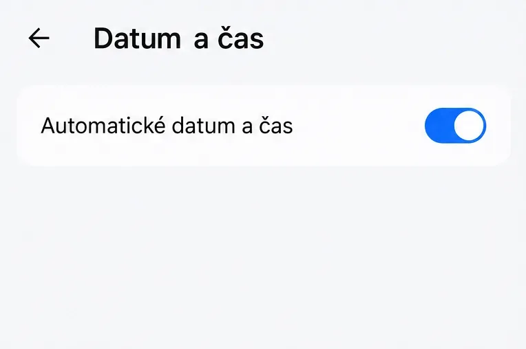 Nastavení Androidu na stránce Datum a čas se zapnutou volbou Automatické datum a čas.