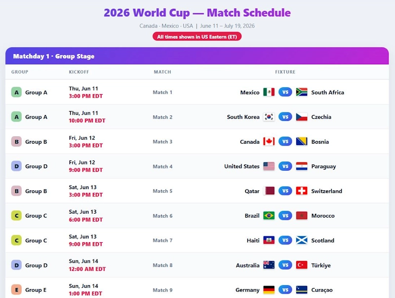 VM 2026-program efter tidszone